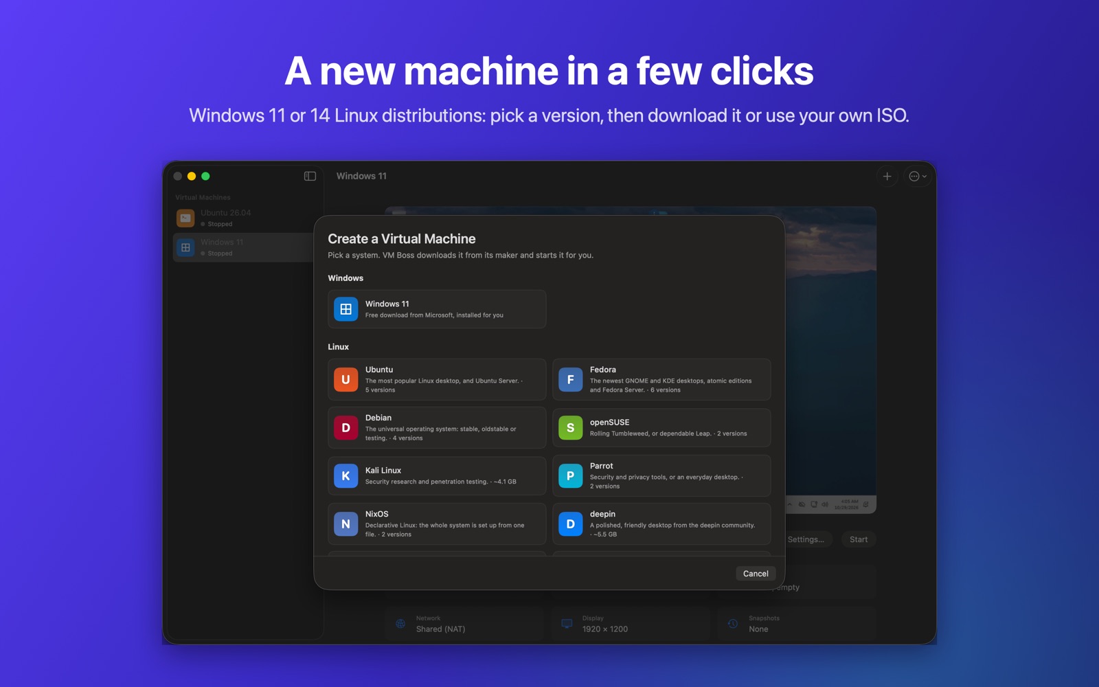 VM Boss’s window for creating a virtual machine, listing Windows 11 and Linux distributions